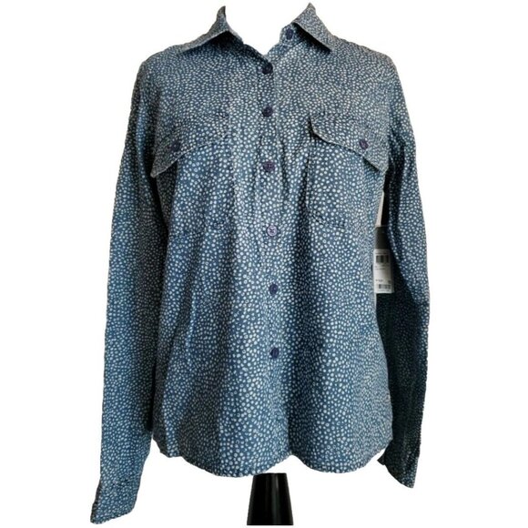 Guess 1981 Denim Top Womens XS Blue Polka Dot Shirt 100% Cotton Chambray Long - Picture 1 of 12